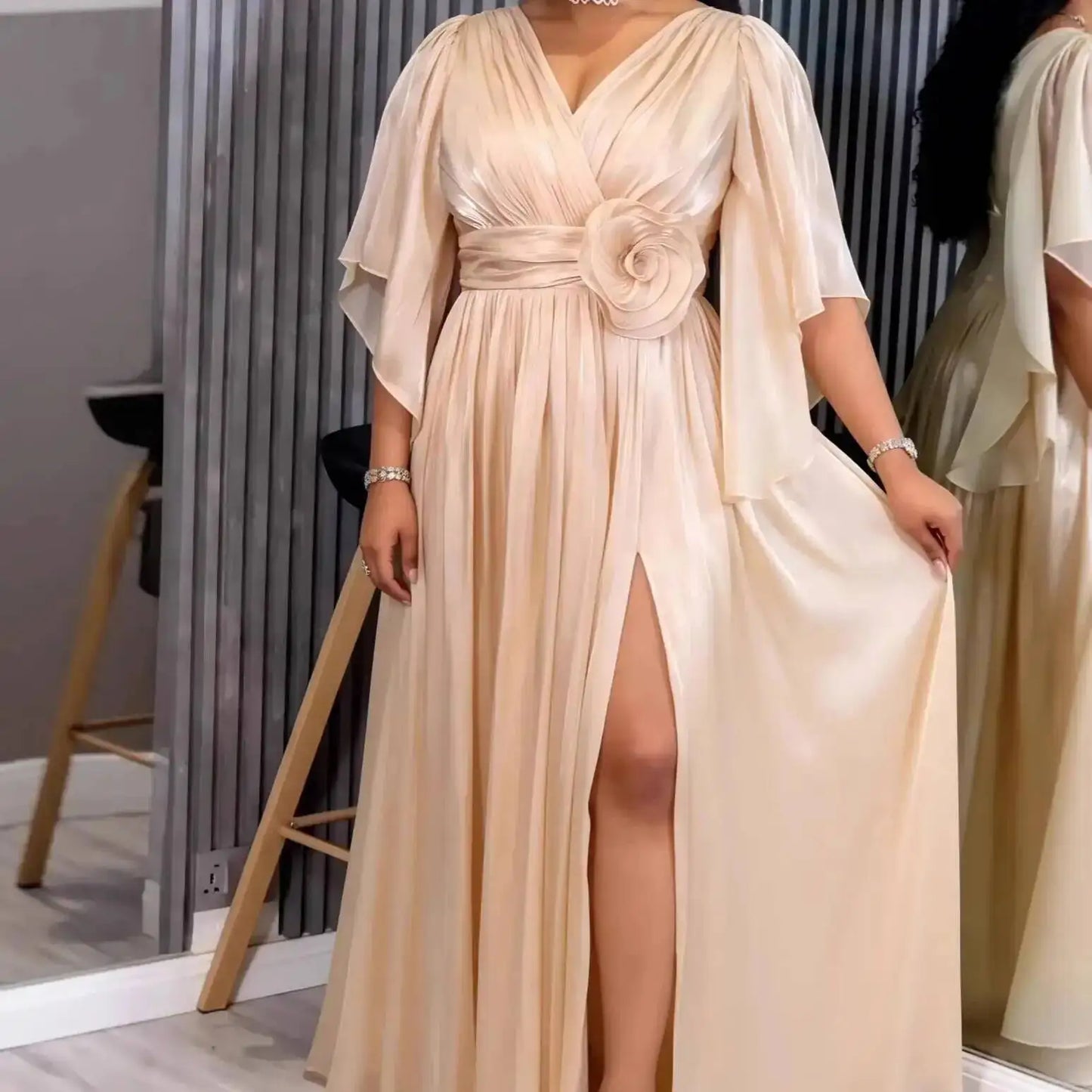 Luxury Champagne Satin Midi Dress with Floral Detail – Elegant Party & Wedding Guest Dress
