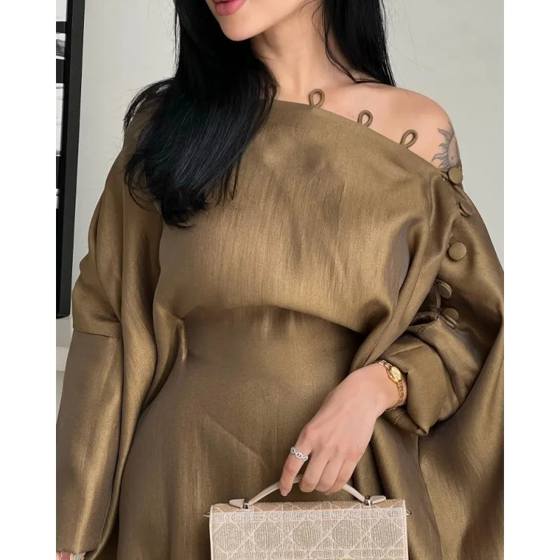 Luxury Satin Off-Shoulder Maxi Dress – Elegant Evening & Wedding Guest Gown