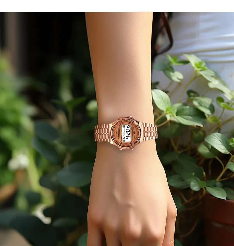 Women Casual LED Electronic Watch Retro Stainless Steel Strap Ladies LED Digital Watch Multifunction Sports Wristwatch Clock