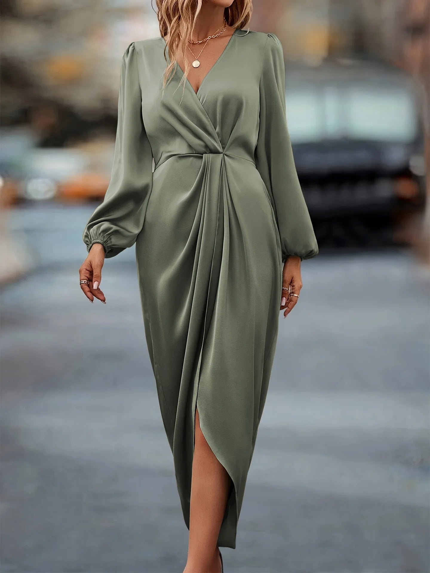 Elegant Satin Midi Dress – Long Sleeve V-Neck Office & Evening Dress