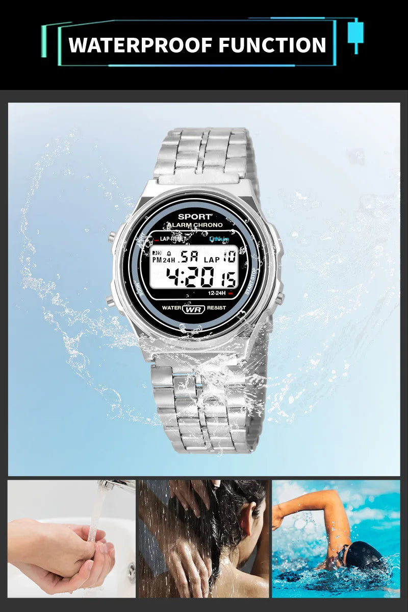 Women Casual LED Electronic Watch Retro Stainless Steel Strap Ladies LED Digital Watch Multifunction Sports Wristwatch Clock