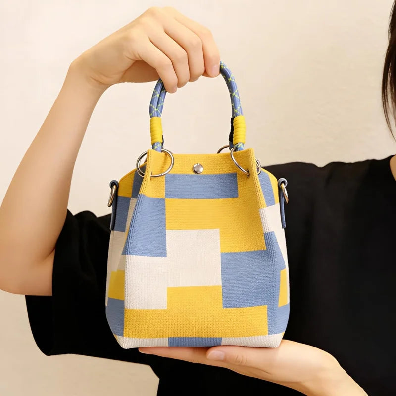 Mini Knitted Bucket Bag Women Small Handbag Geometric Colorblock Wristlet Purse With Detachable Handle