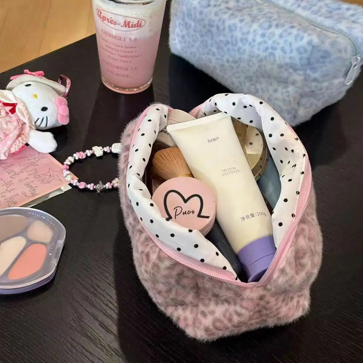 HOMEFISH Durable Fuzzy Makeup Bag Large Capacity Leopard Print Toiletry Organizer Portable Cosmetic Bag Girls Travel Storage