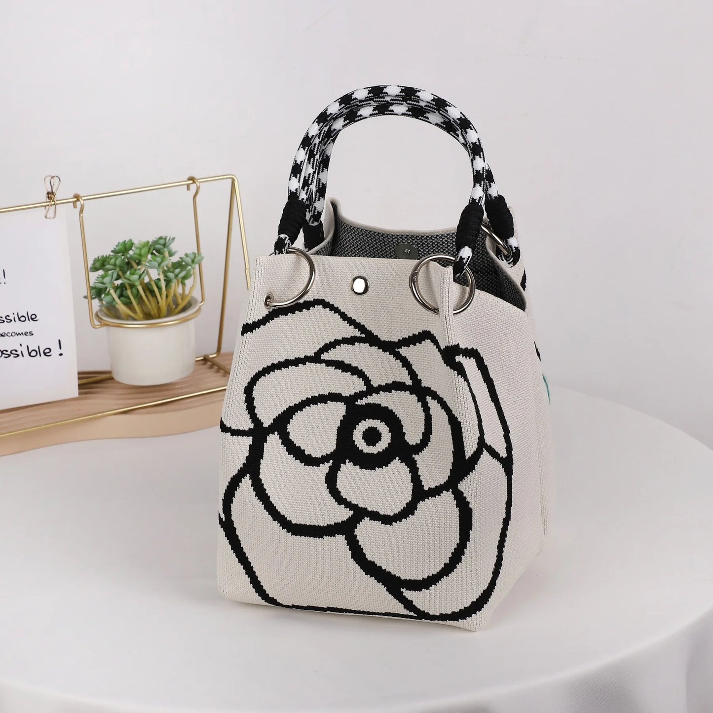 Mini Knitted Bucket Bag Women Small Handbag Geometric Colorblock Wristlet Purse With Detachable Handle