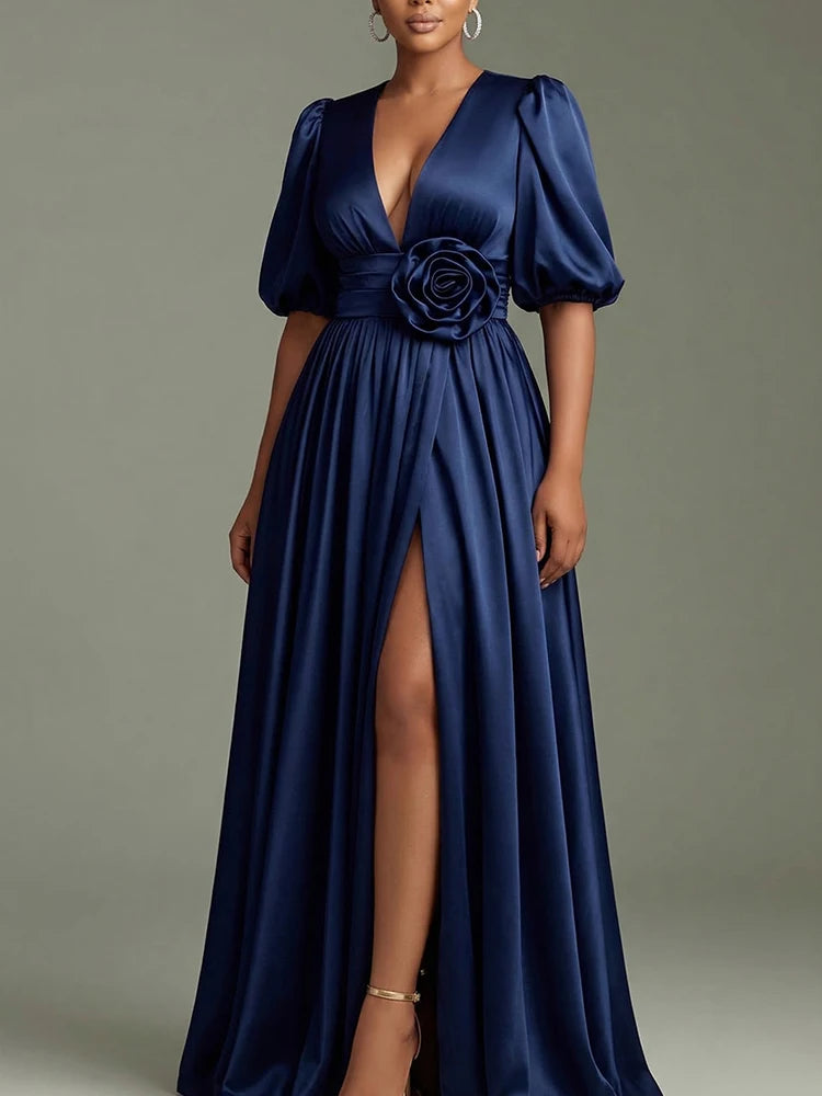 Elegant Navy Satin Evening Gown – Deep V-Neck Puff Sleeve Maxi Dress