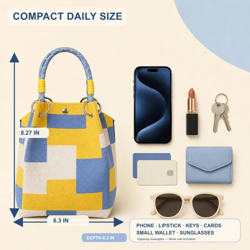 Mini Knitted Bucket Bag Women Small Handbag Geometric Colorblock Wristlet Purse With Detachable Handle