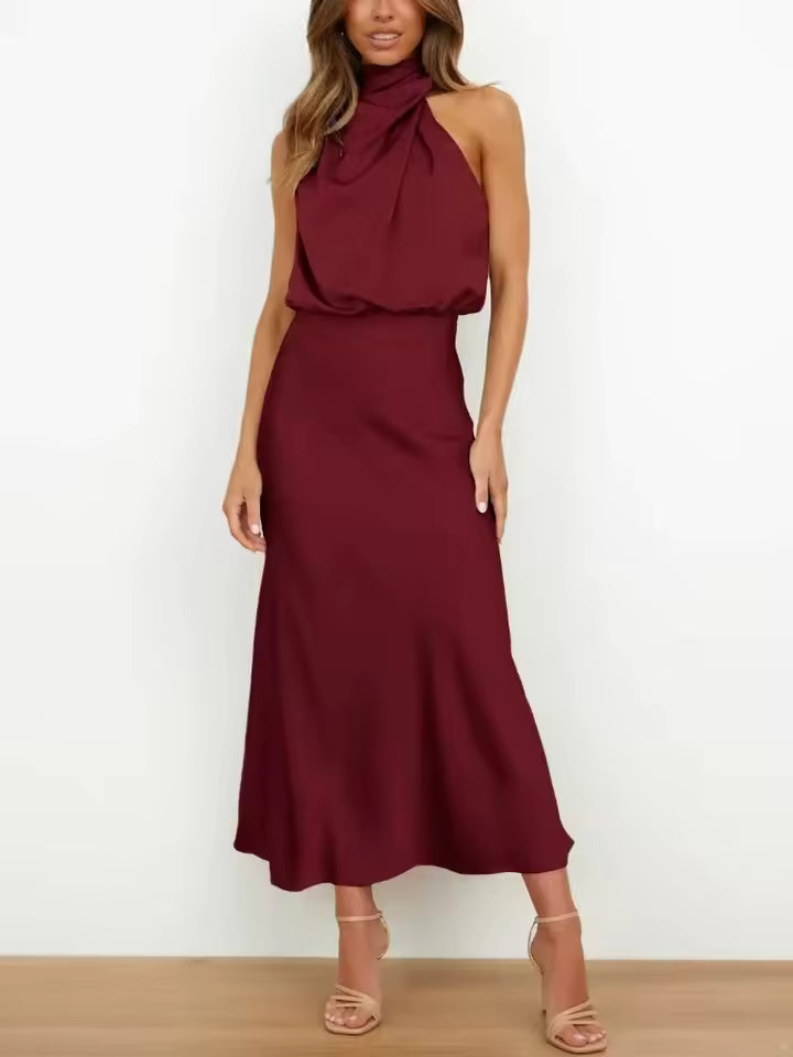 Halter High Neck Draped Satin Midi Dress – Blouson Elegance