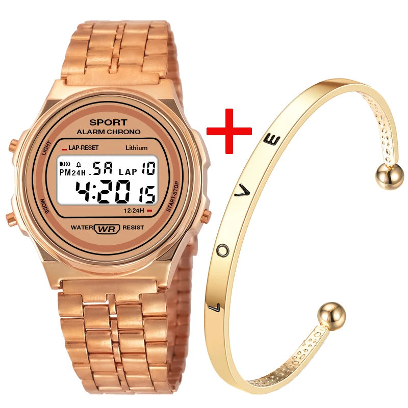 Women Casual LED Electronic Watch Retro Stainless Steel Strap Ladies LED Digital Watch Multifunction Sports Wristwatch Clock