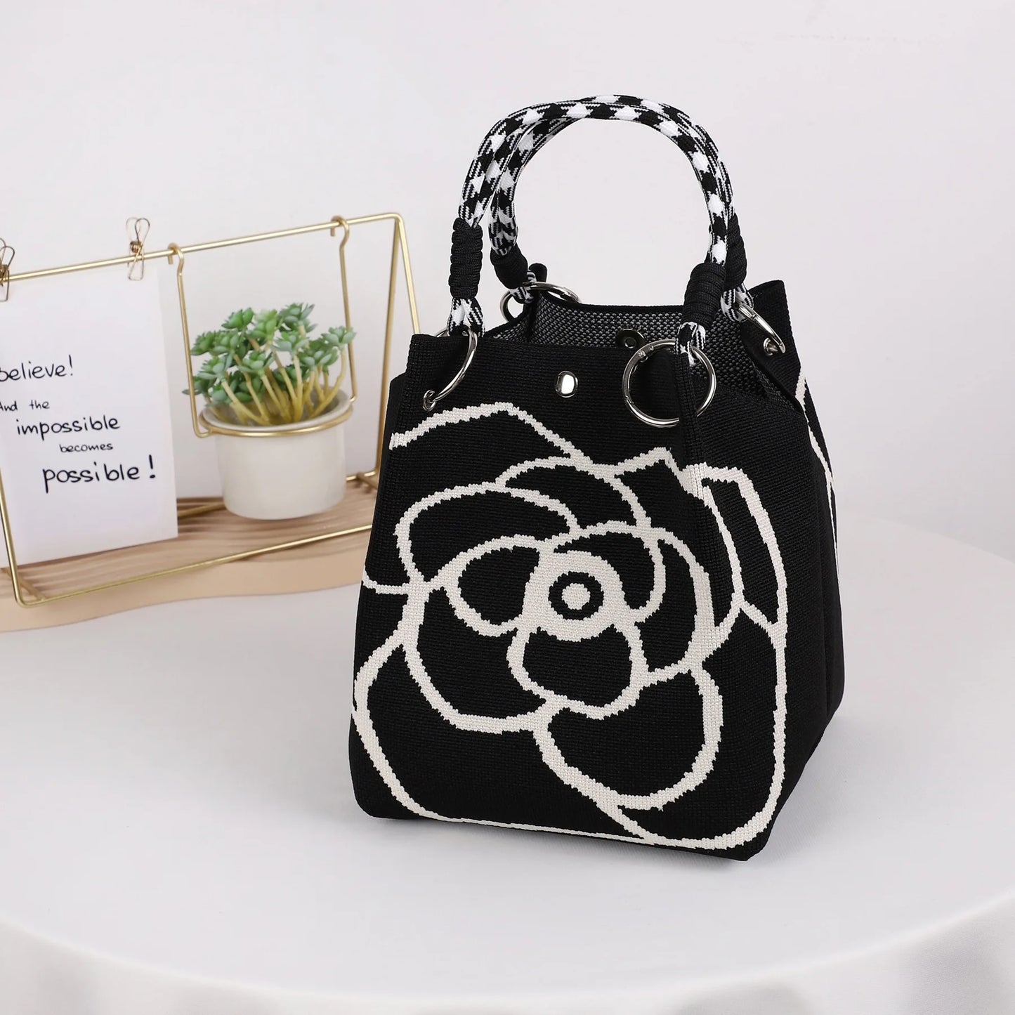 Mini Knitted Bucket Bag Women Small Handbag Geometric Colorblock Wristlet Purse With Detachable Handle