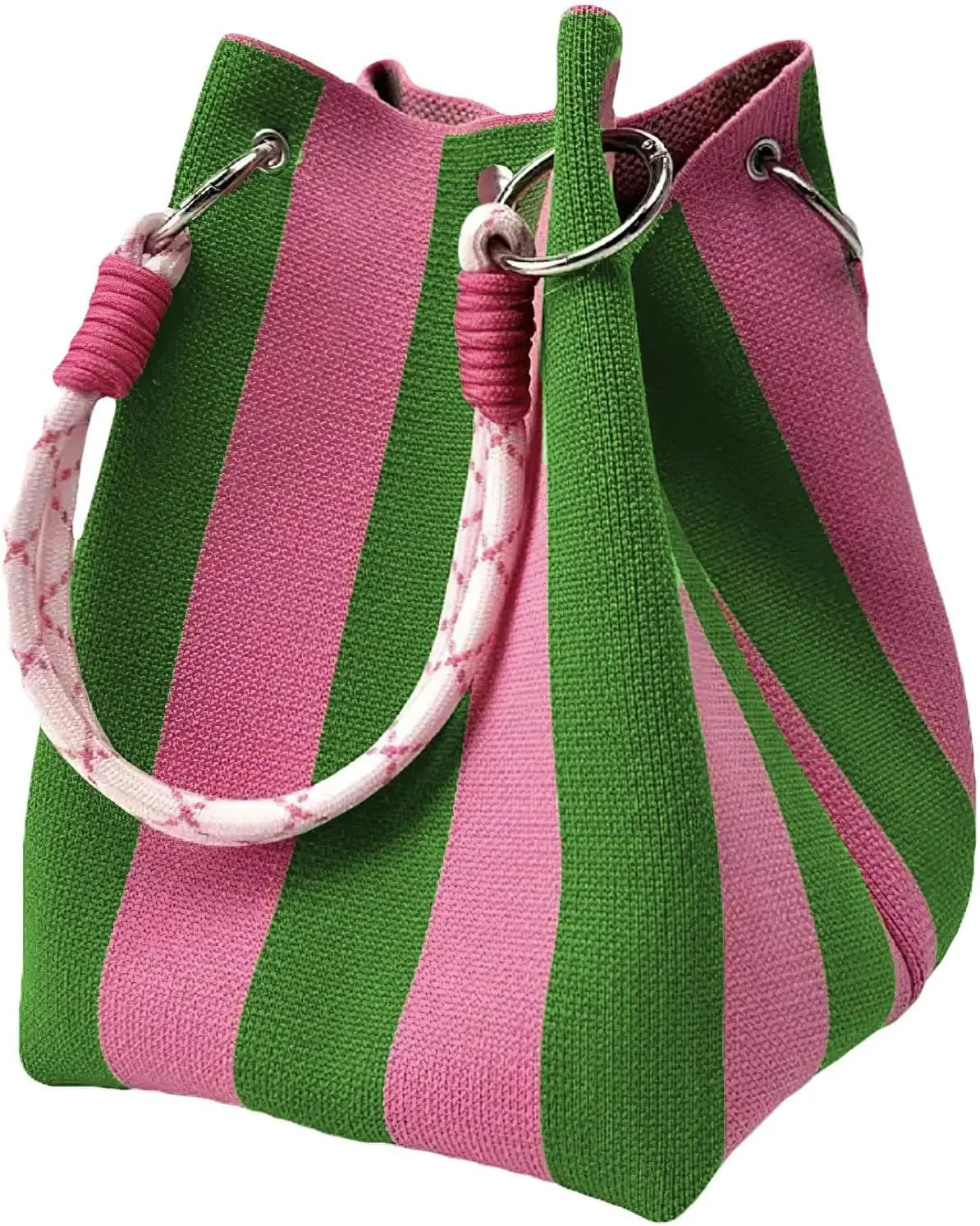 Mini Knitted Bucket Bag Women Small Handbag Geometric Colorblock Wristlet Purse With Detachable Handle
