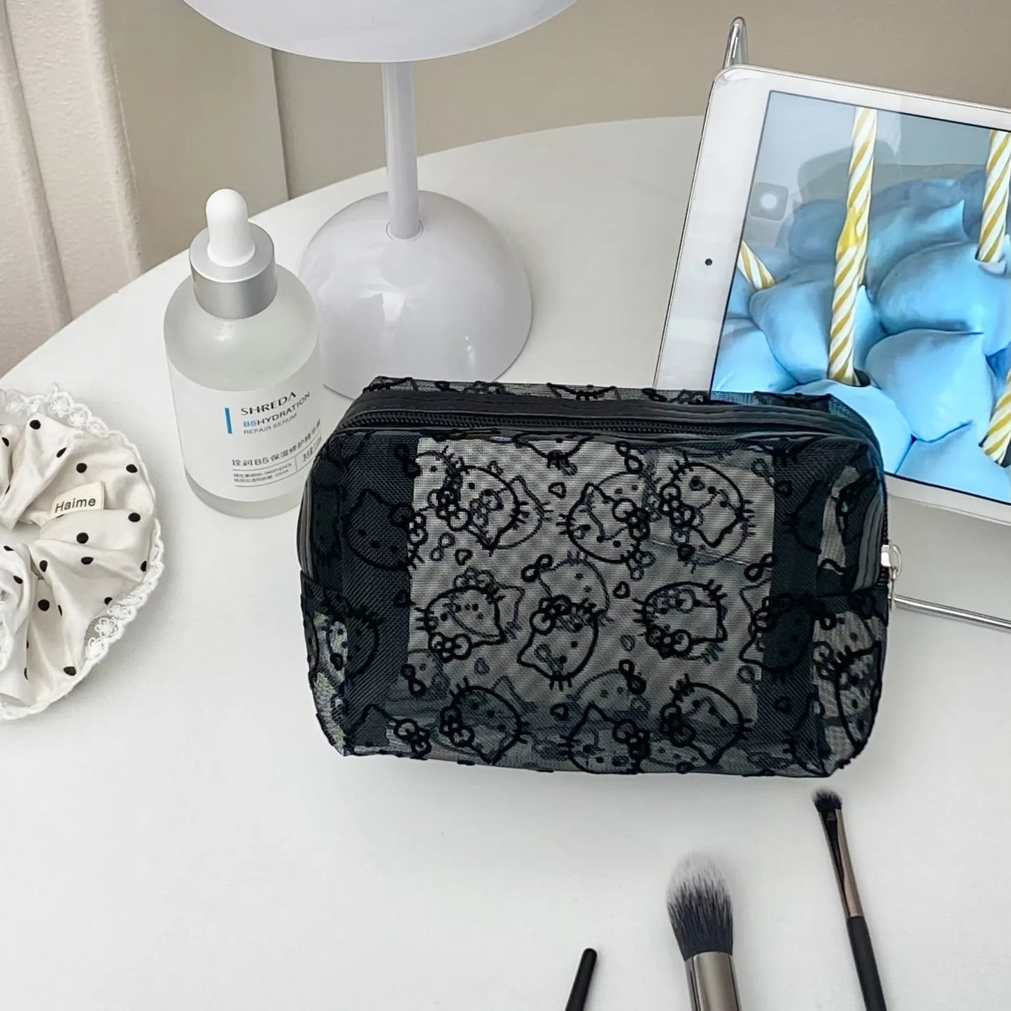 Black Mesh Cute Makeup Bag Portable Cosmetic Pouch Large Capacity Travel Toiletry Organizer
