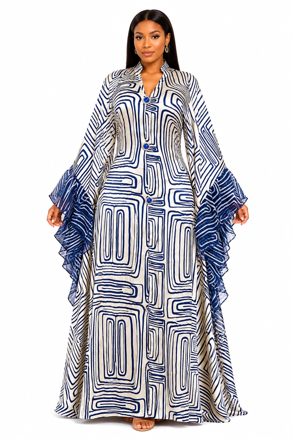 Kaftan Bleu Prestige à Motifs Graphiques