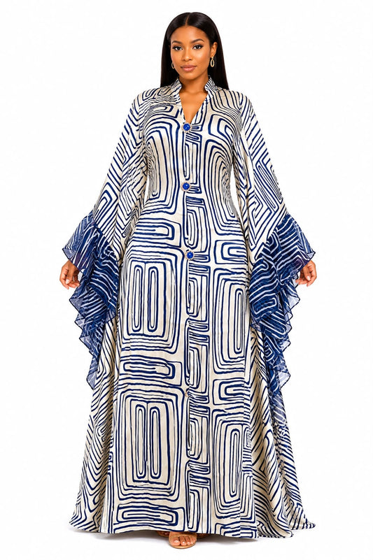 Kaftan Bleu Prestige à Motifs Graphiques