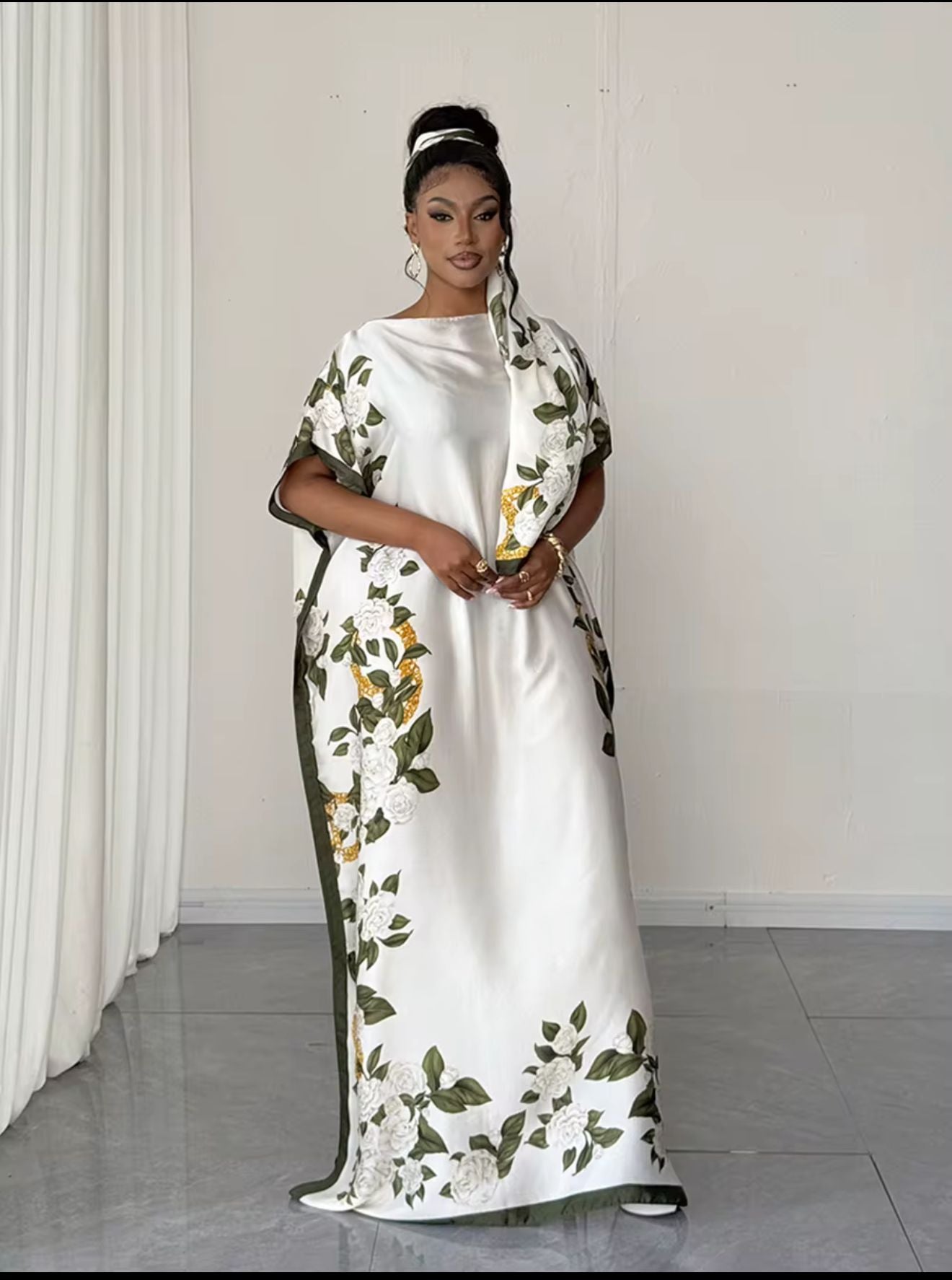 Floral Print Kaftan Boubou – White & Green