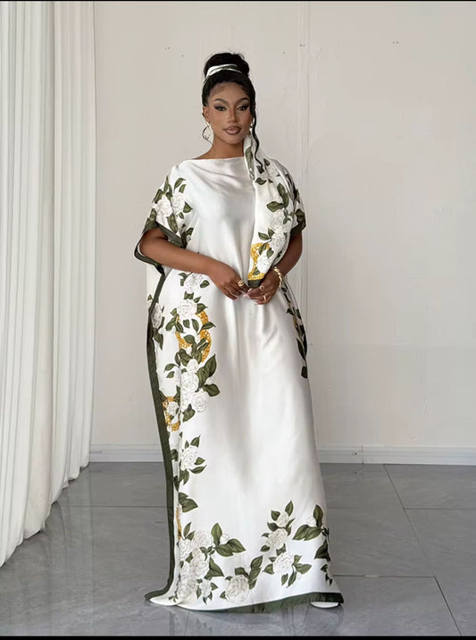 Floral Print Kaftan Boubou – White & Green