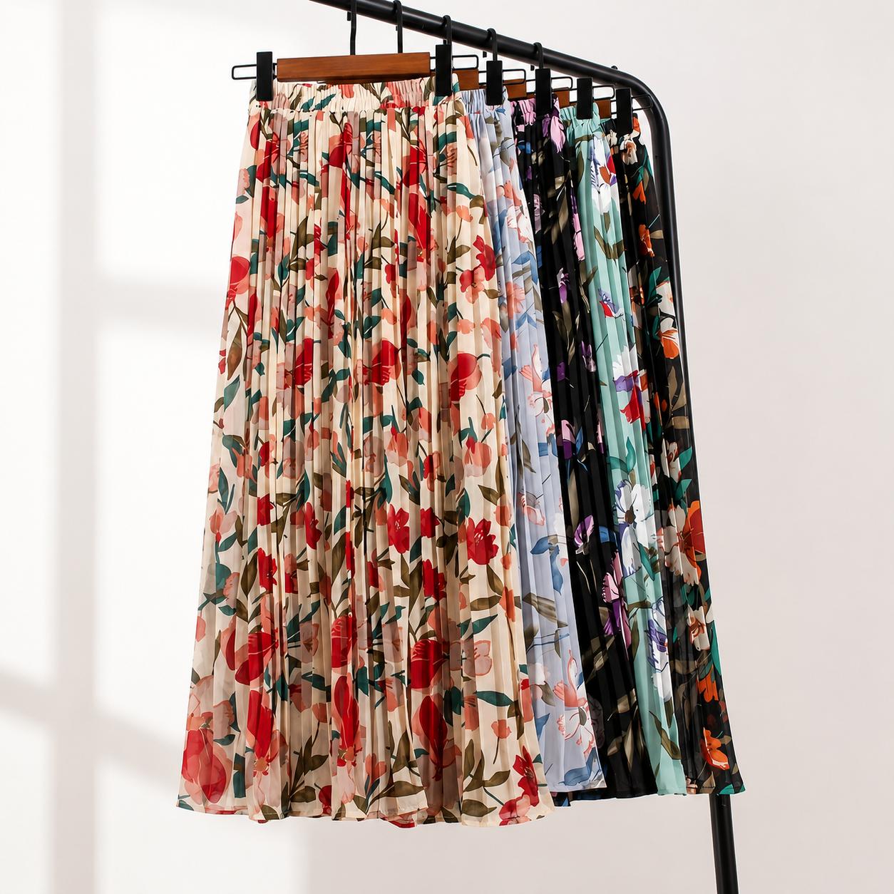 Elegant Floral Pleated Maxi Skirt – High Waist Chiffon Summer Skirt