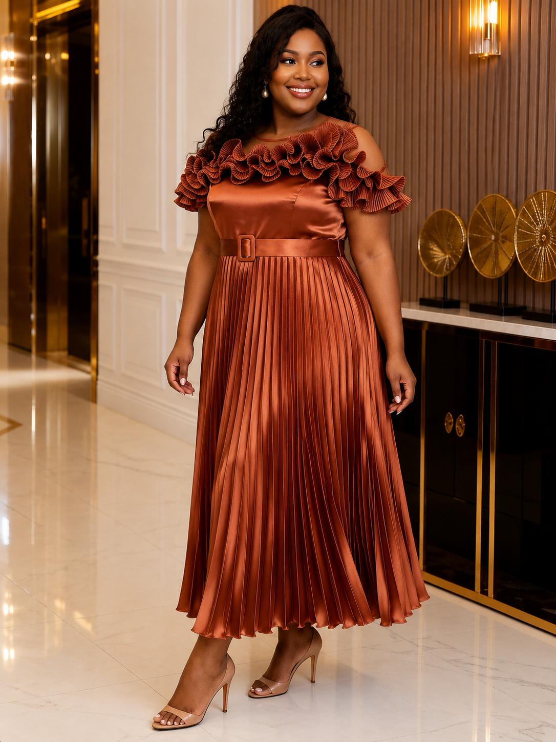 Elegant Copper Satin Pleated Maxi Dress