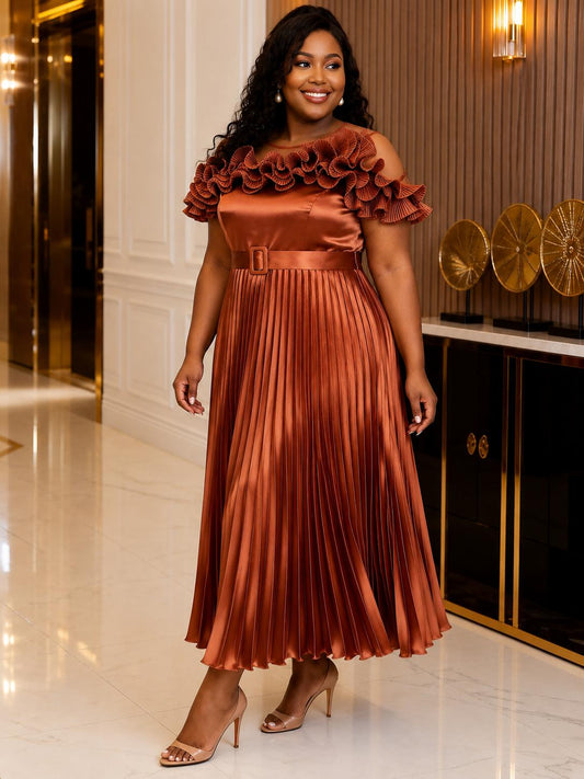 Elegant Copper Satin Pleated Maxi Dress