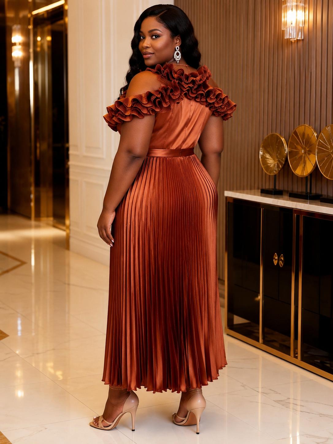 Elegant Copper Satin Pleated Maxi Dress