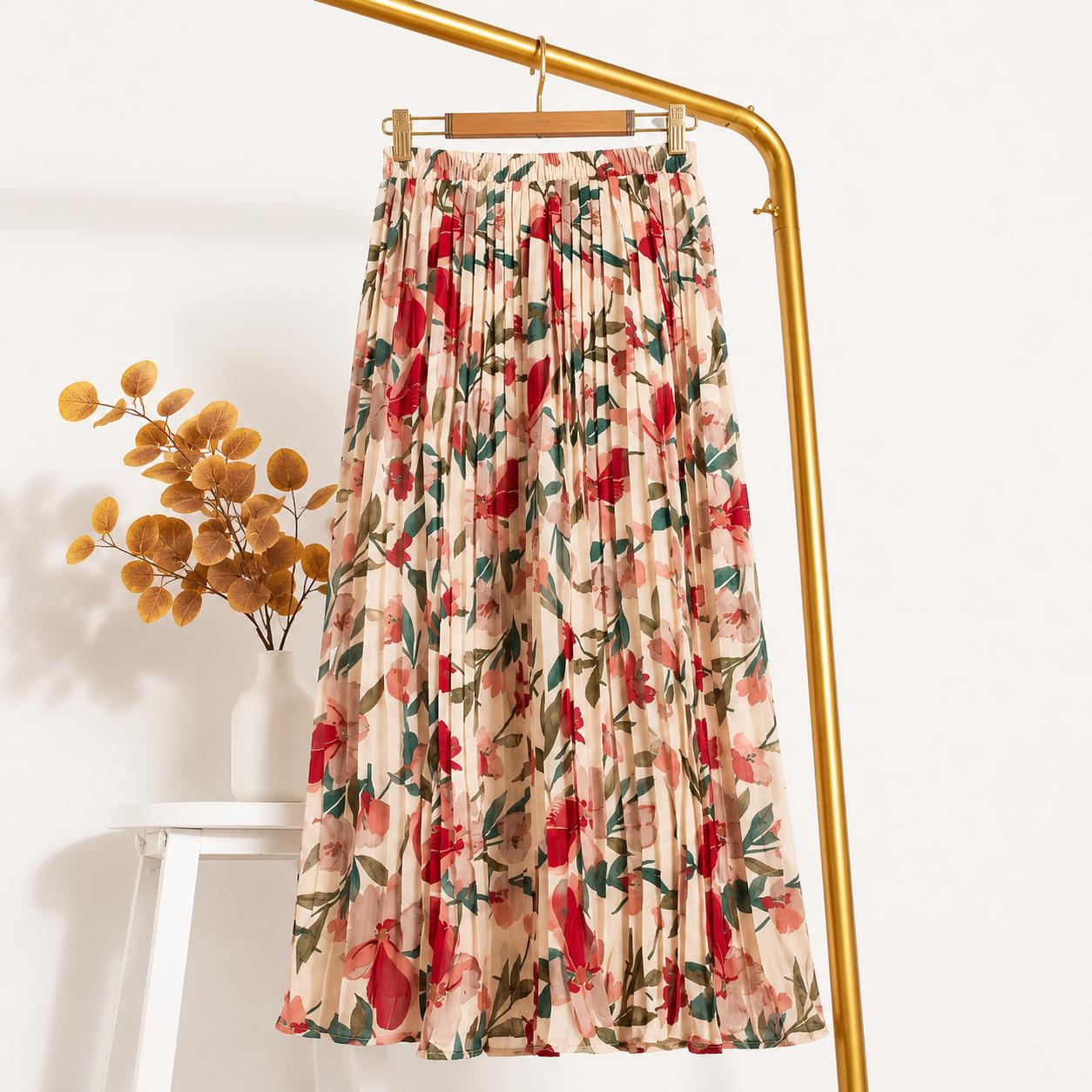 Elegant Floral Pleated Maxi Skirt – High Waist Chiffon Summer Skirt