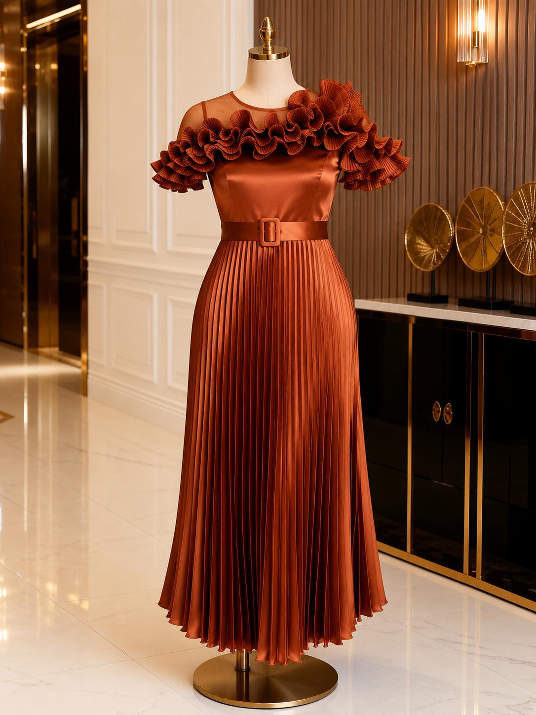 Elegant Copper Satin Pleated Maxi Dress