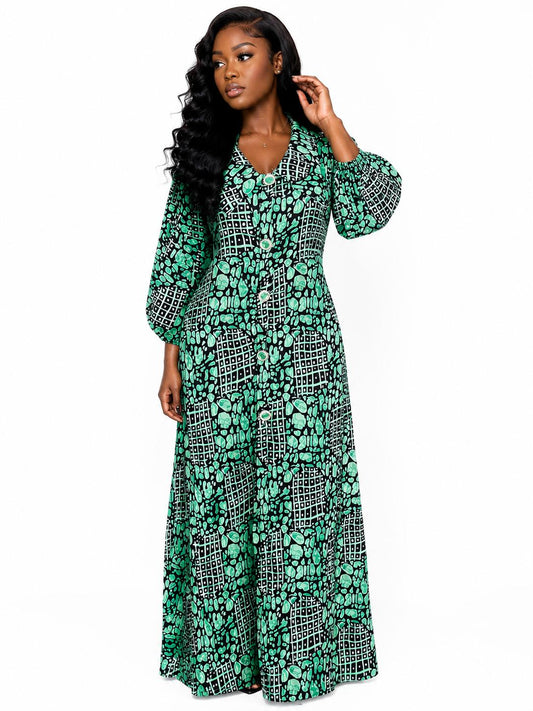 Robe Maxi Imprimé Africain Vert Émeraude