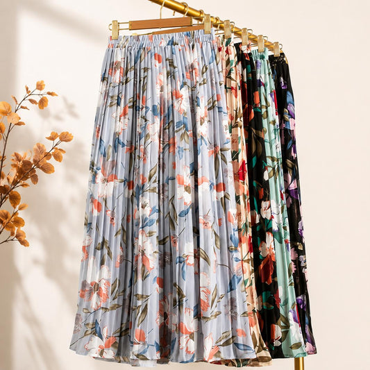 Elegant Floral Pleated Maxi Skirt – High Waist Chiffon Summer Skirt
