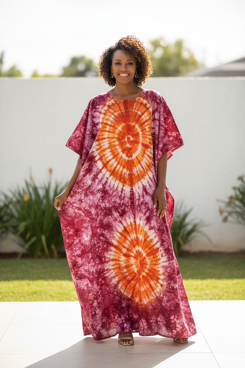 Femme africaine portant le kaftan tie-dye bordeaux et orange soleil