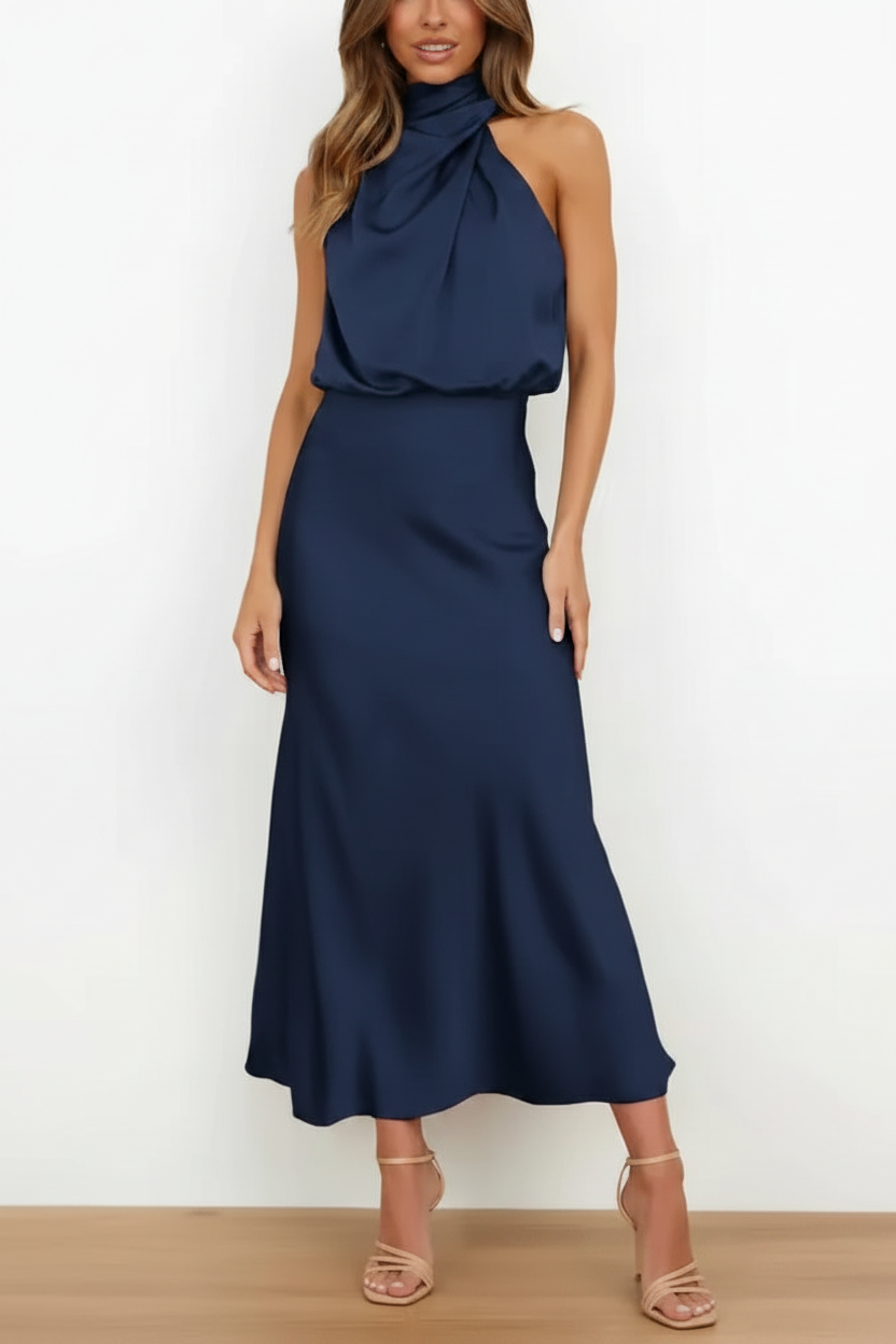 Navy blue halter satin midi dress on model white background
