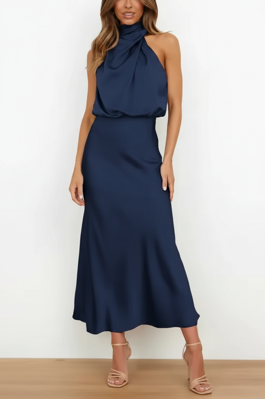 Navy blue halter satin midi dress on model white background