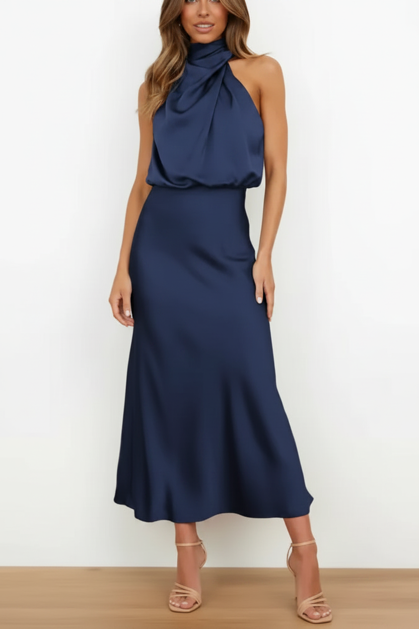 Navy blue halter high neck satin midi dress on model white background