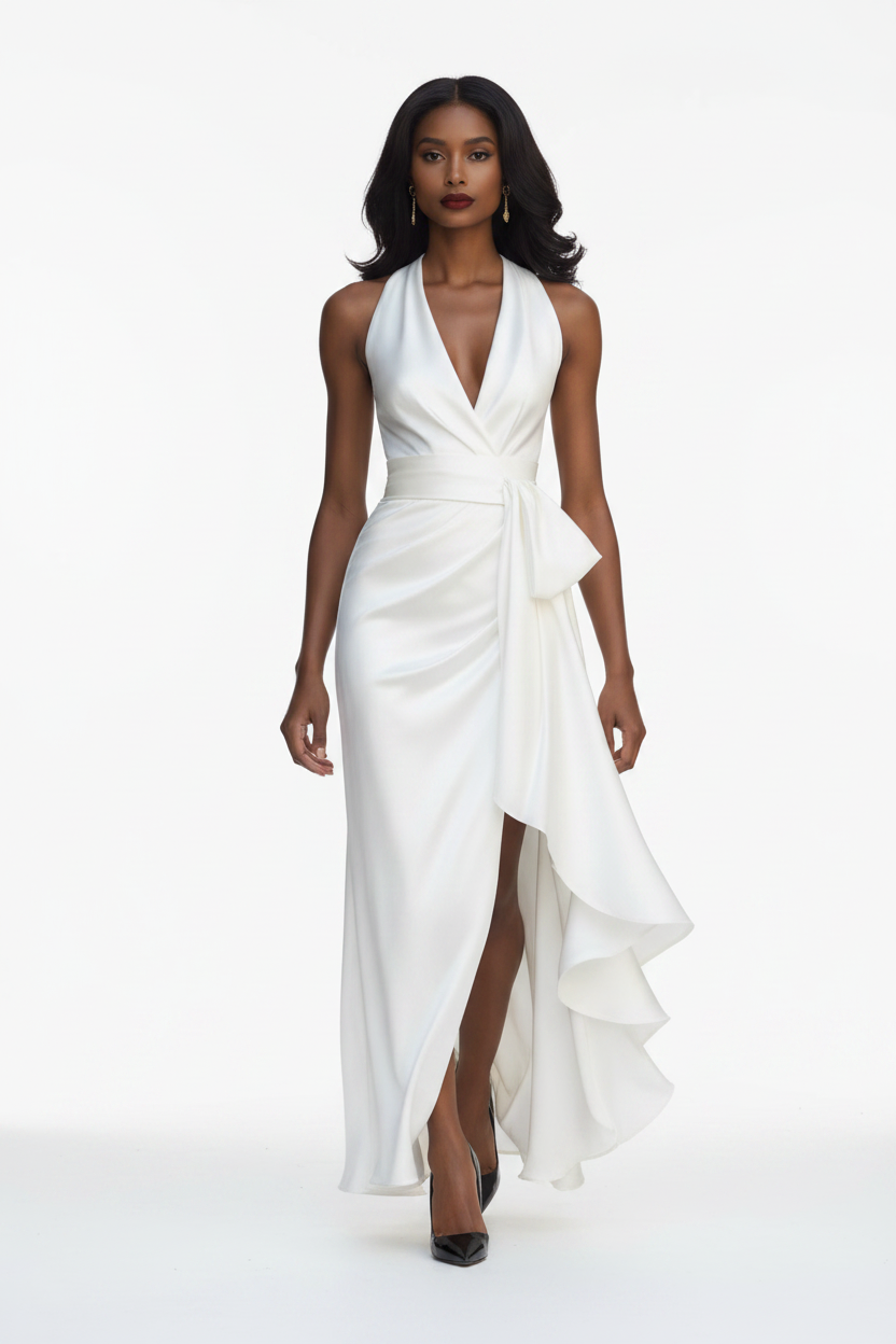 White halter V-neck satin ruffle maxi dress on female model, white background