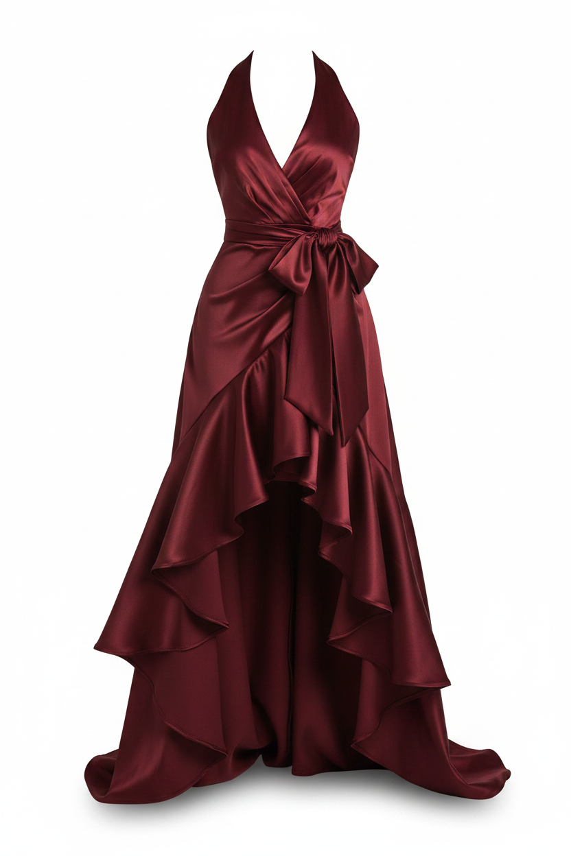 Burgundy halter V-neck satin ruffle maxi dress on white background