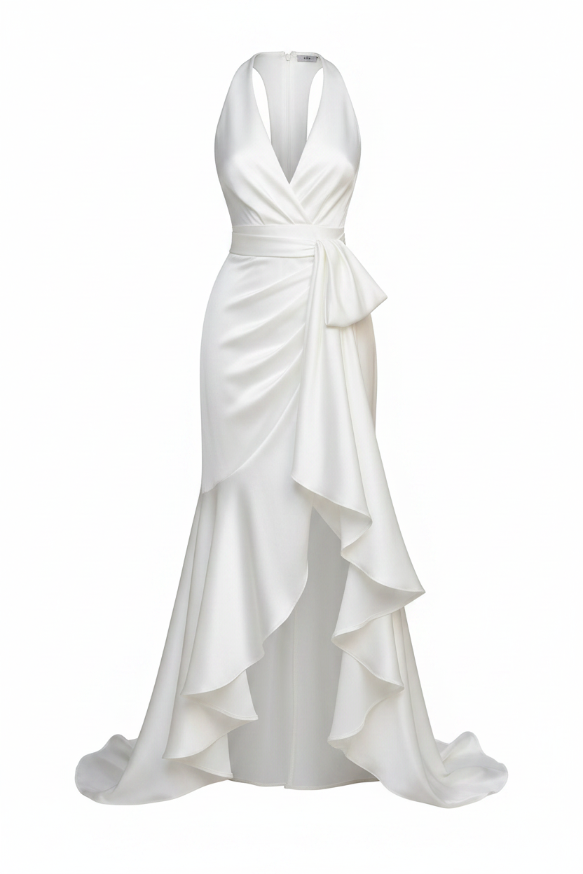 White halter V-neck satin ruffle maxi dress on white background