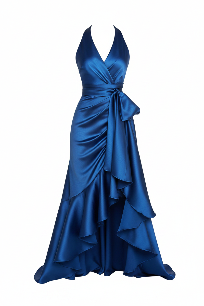 Royal blue halter V-neck satin ruffle maxi dress on white background