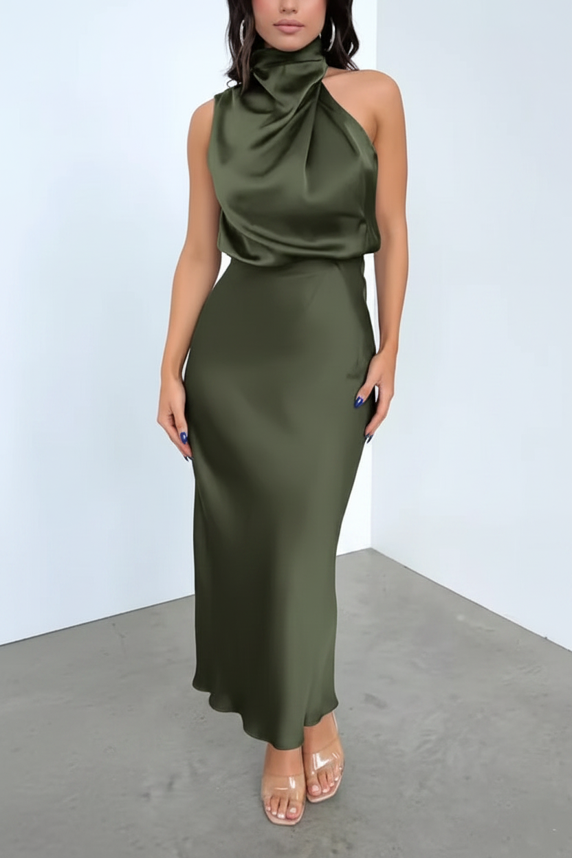 Olive green halter high neck satin midi dress on model white background