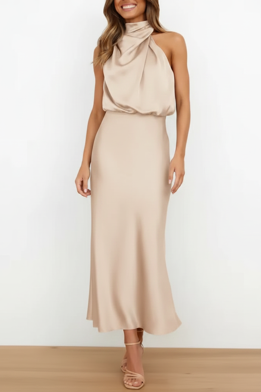 Champagne halter satin midi dress on model white background