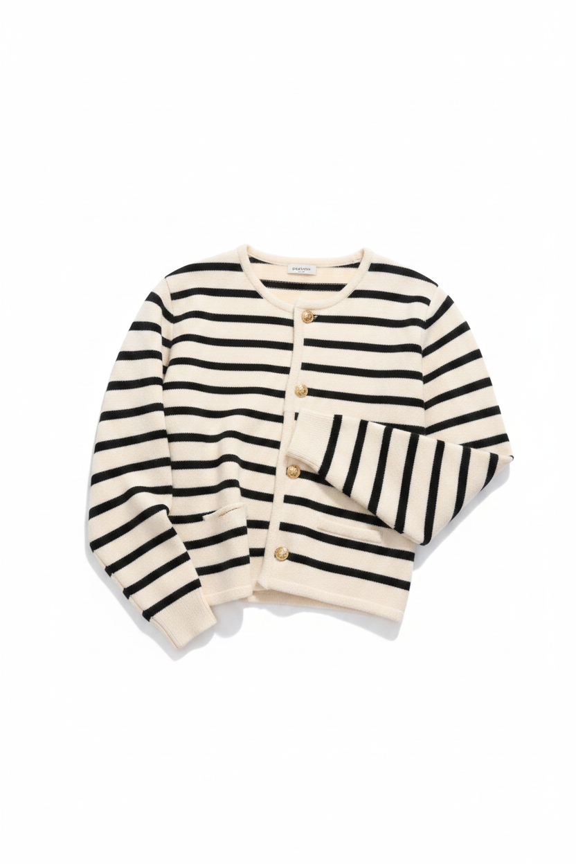 Striped Knit Cardigan Black White Flat Lay