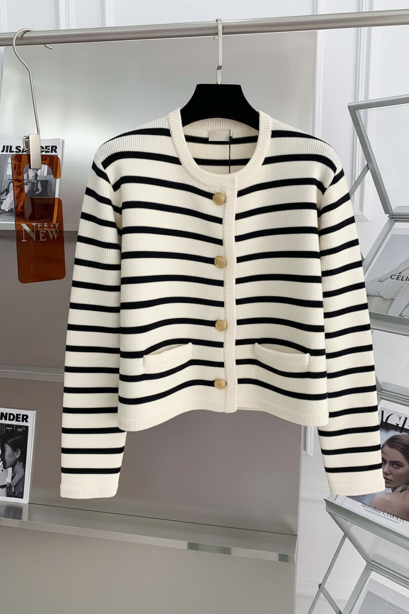 Striped Knit Cardigan Black White