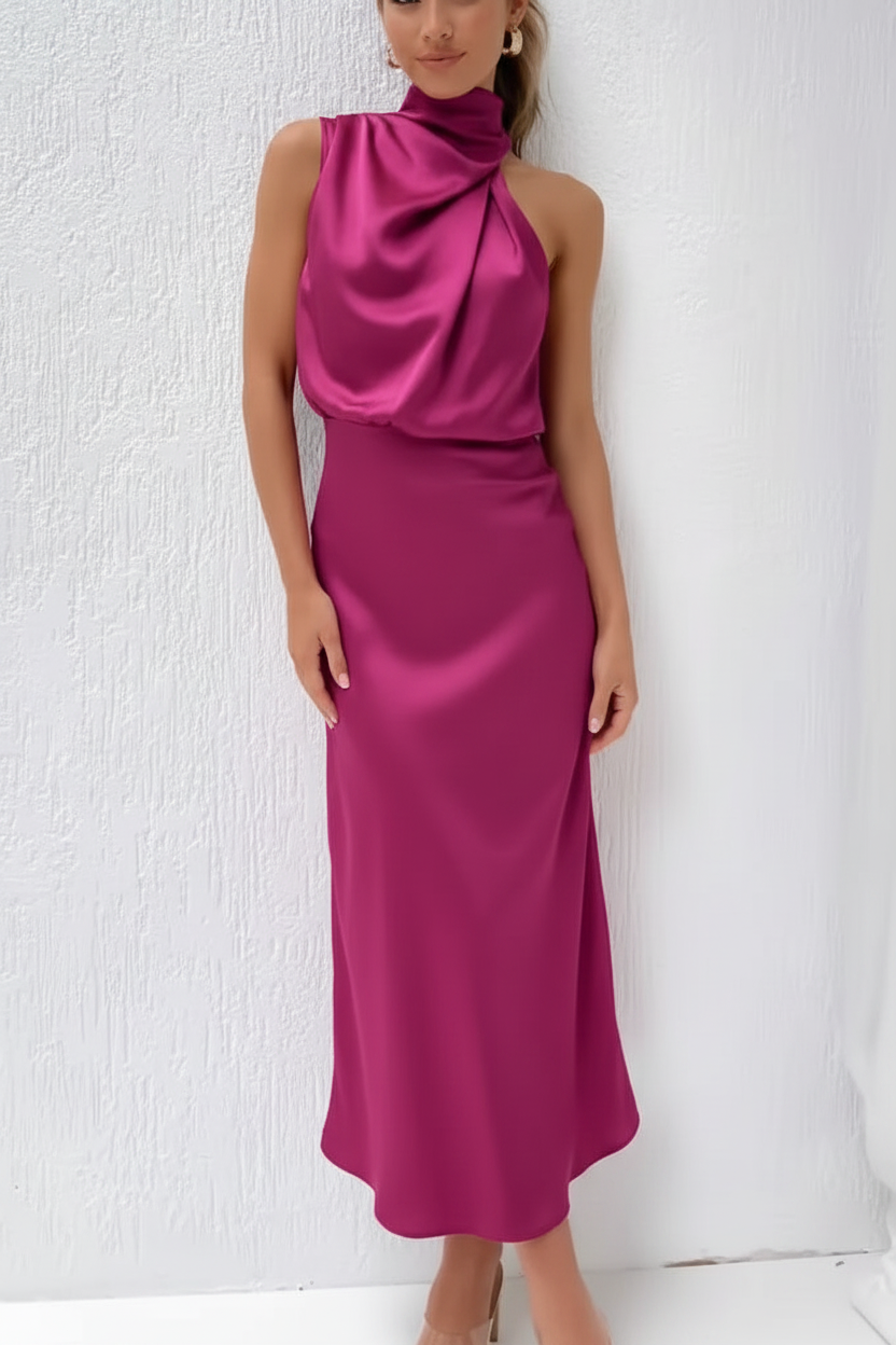 Fuchsia halter high neck satin midi dress on model white background