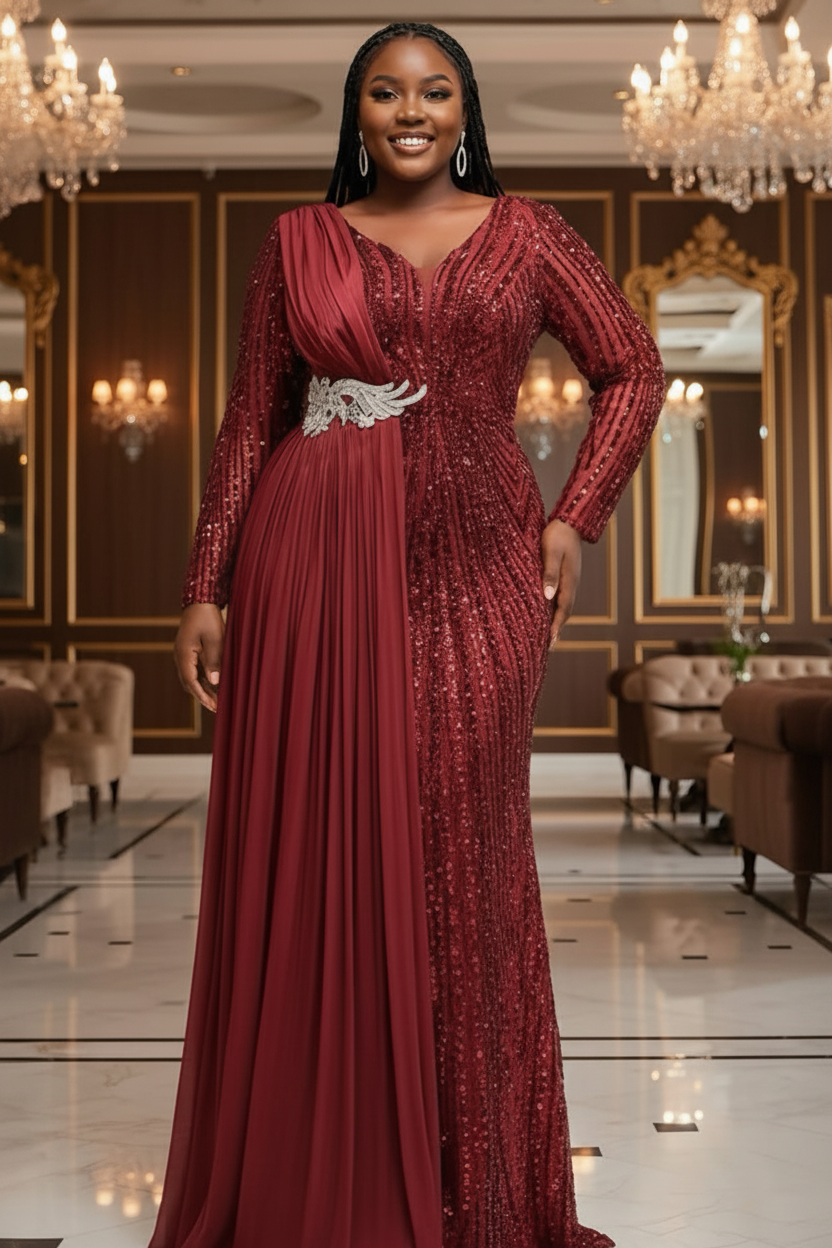 Femme africaine portant la robe de soirée bordeaux paillettes dans une salle de bal