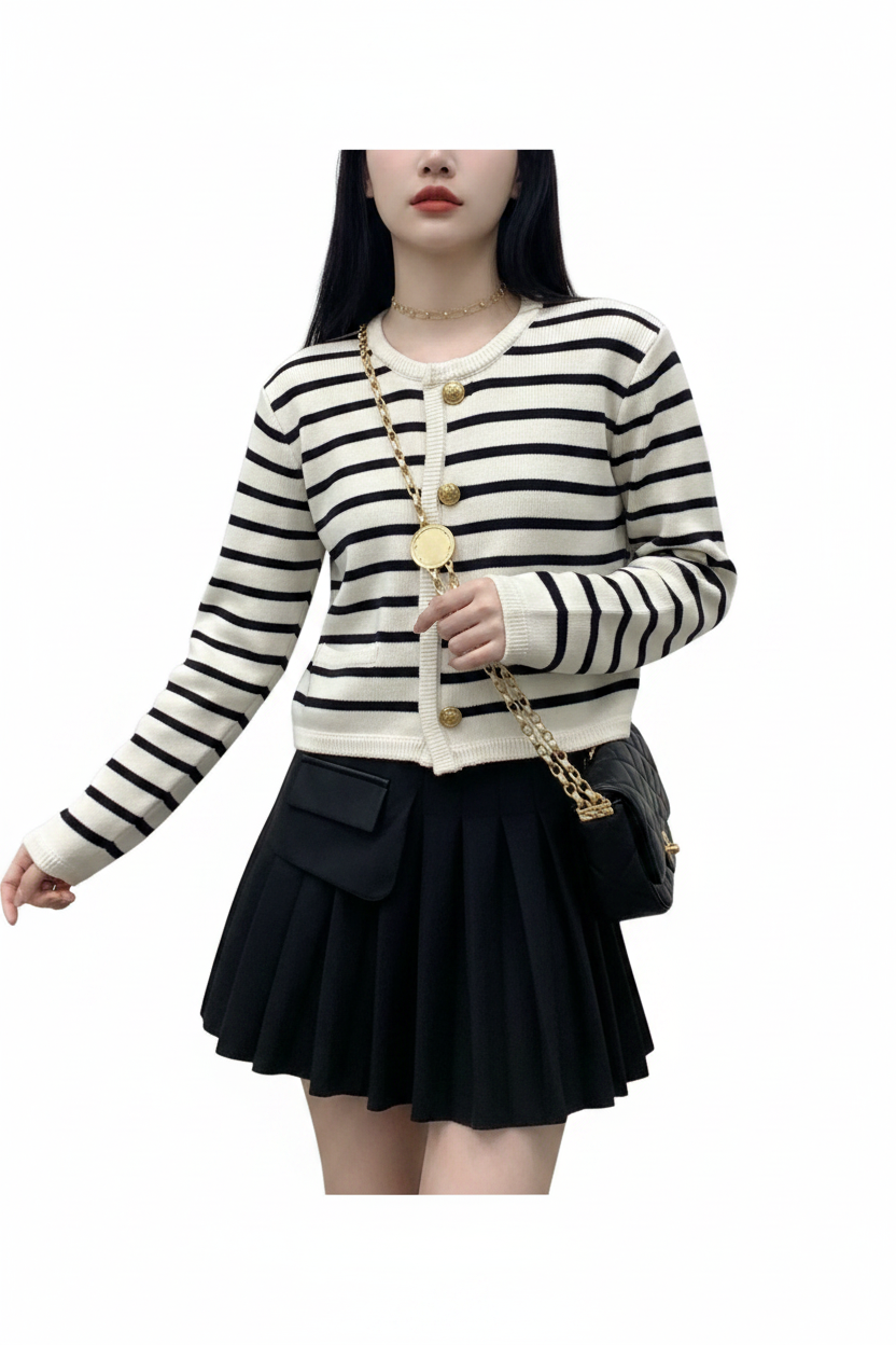 Striped Knit Cardigan Black White Outfit