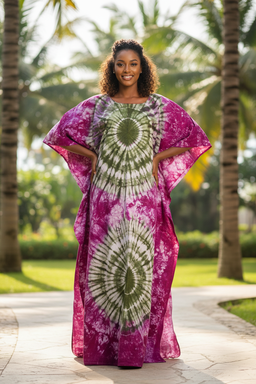 Femme africaine portant le kaftan tie-dye violet fuchsia et vert olive