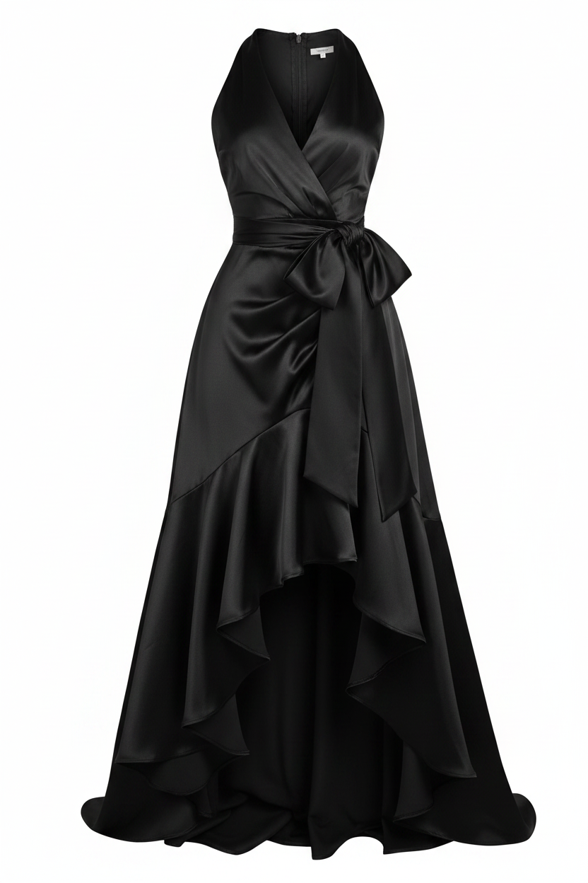 Black halter V-neck satin ruffle maxi dress on white background