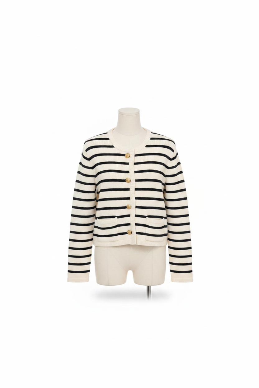 Striped Knit Cardigan Black White Front