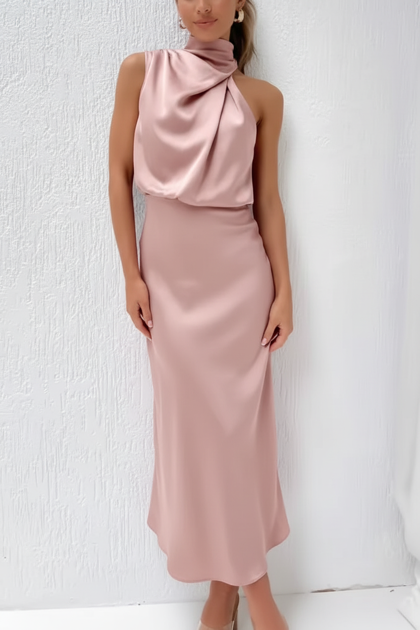 Dusty rose halter high neck satin midi dress on model white background