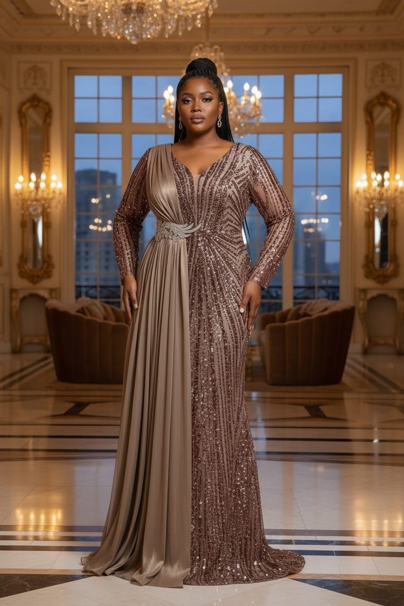 Femme africaine portant la robe de soirée dorée champagne paillettes sans logo