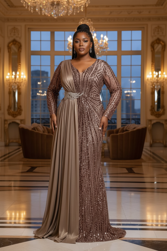 Femme africaine portant la robe de soirée dorée champagne paillettes sans logo