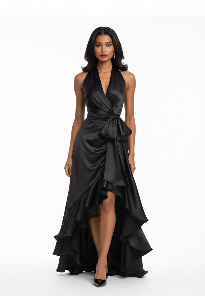 Black halter V-neck satin ruffle maxi dress on female model, white background