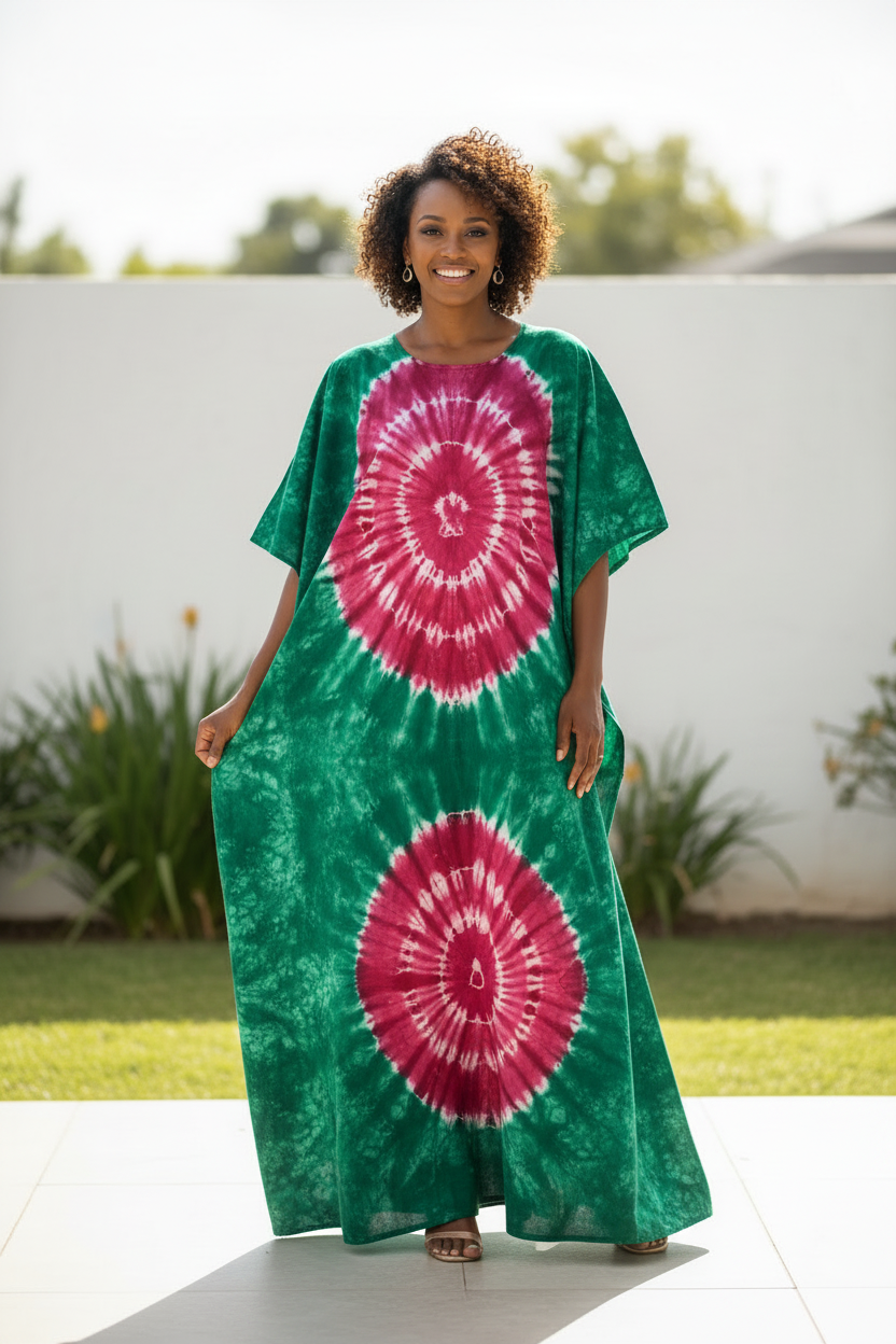 Femme africaine portant le kaftan tie-dye vert émeraude et rose fuchsia